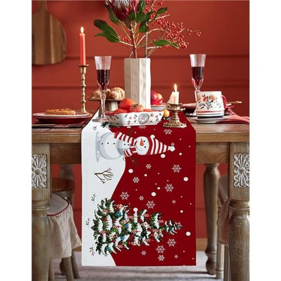 Christmas Table Runner - 108 Inches, Snowman Rustic Red Snowflake, 13"x 108" - Picture 1 of 6
